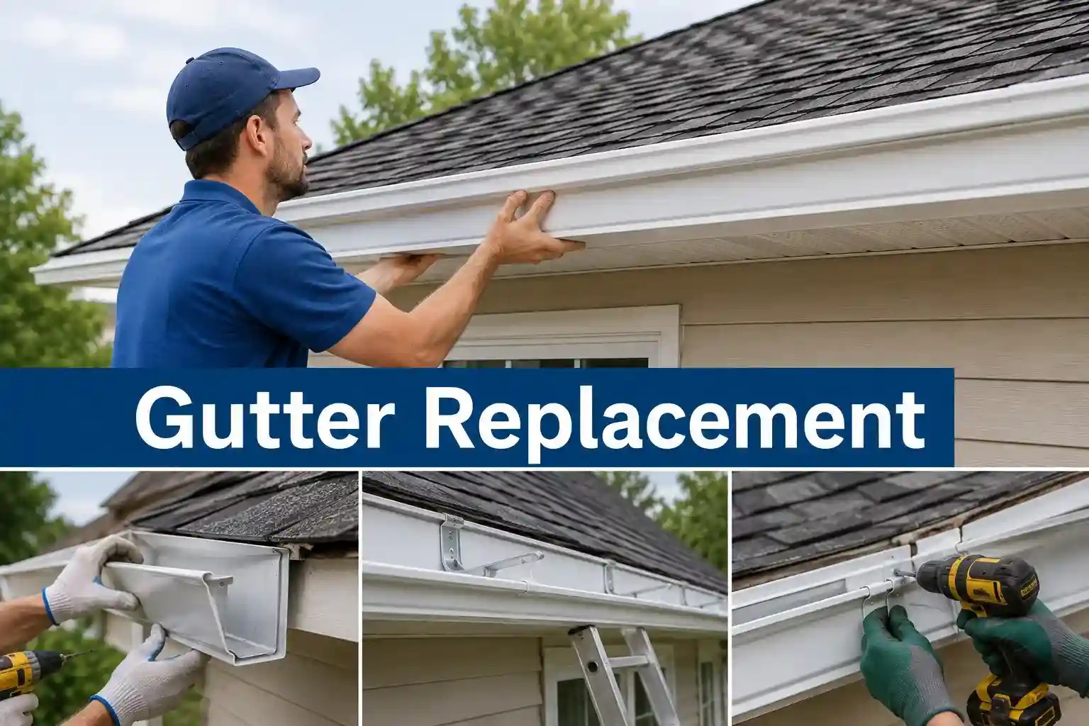 In this image our team working on gutter replacement in Indianapolis